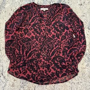LOFT Red Black Floral Print Long Sleeve Blouse Women’s Size Small